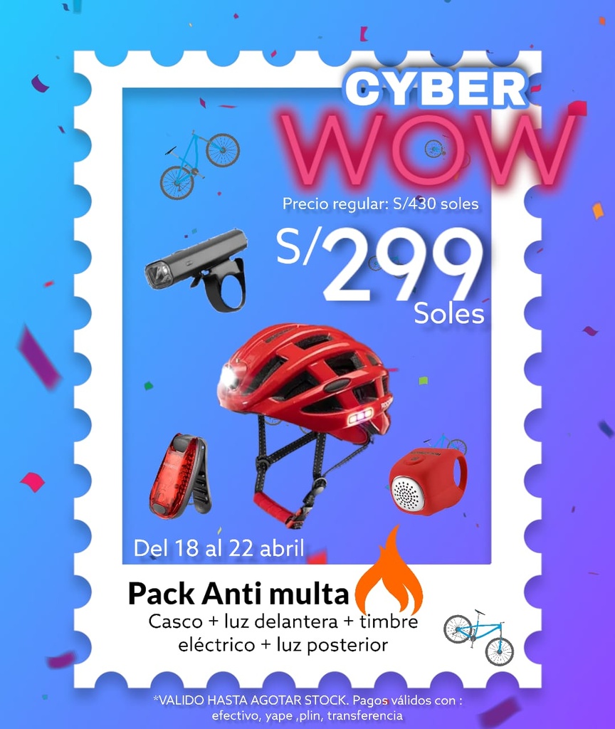 Pack Cyber WOW 12 ANTI-MULTA [Casco rojo PRO c/luces ZN1001-RD + luz delantera YQ-QD200LM + luz ZPWD-1 + timbre rojo CB1709RD]